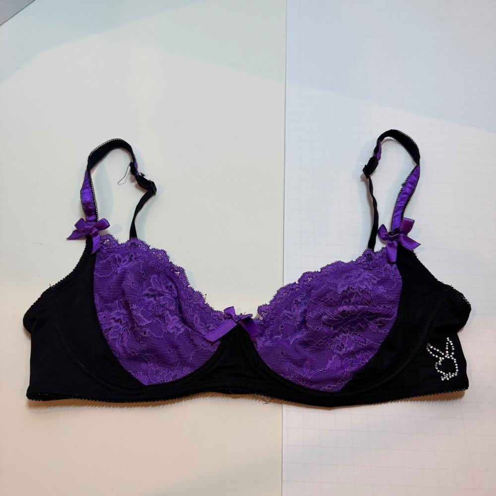 RARE Vtg Y2k Playboy Black Purple Lace Bra Rhinestone Bunny Logo‎ Size 36C